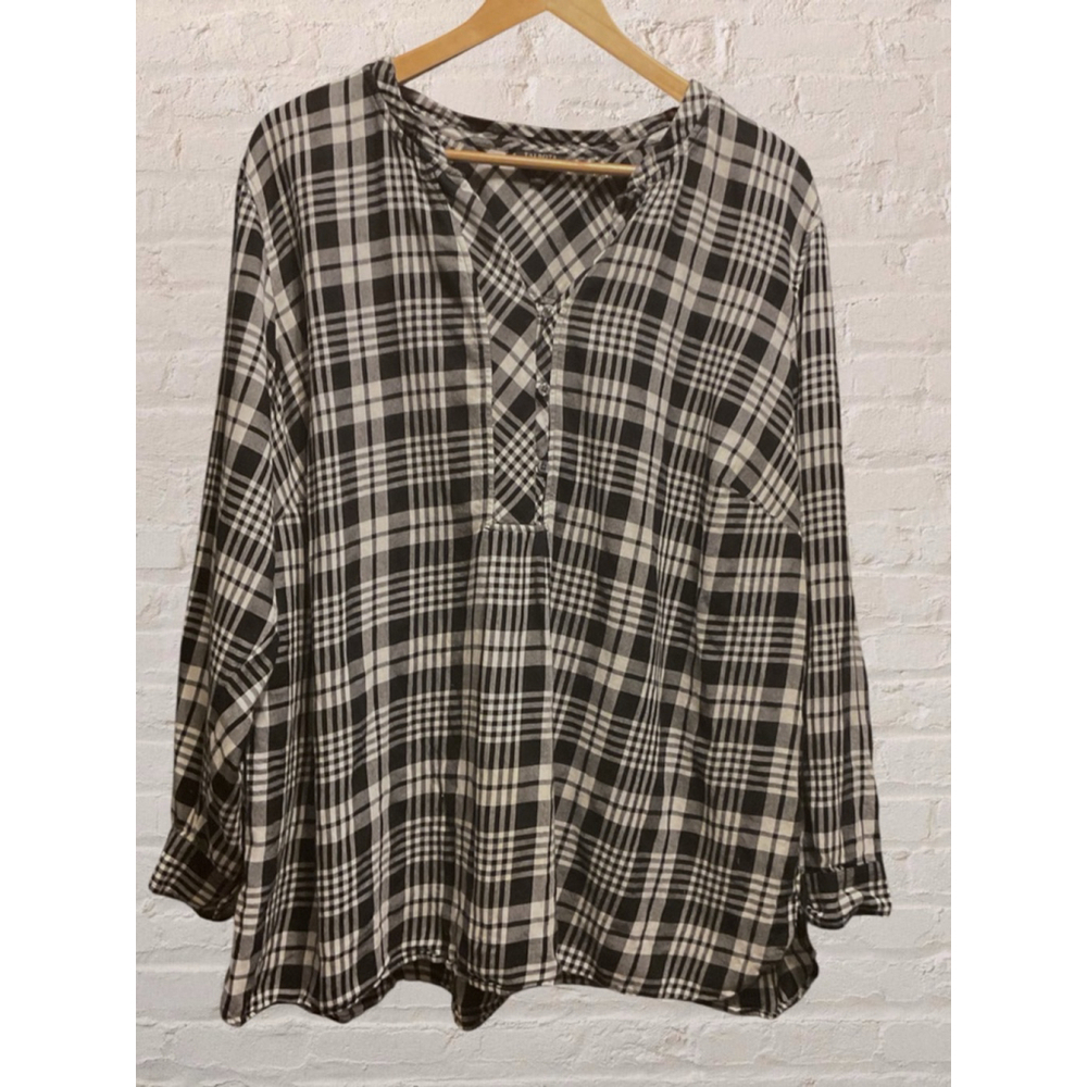 Talbots Plaid Cotton Popover Blouse Black White 3X Plus